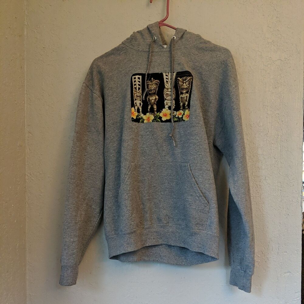 Tiki Hawaii Sweatshirt M Gray Hippie Indie Boho Grunge Skater Pullover Upcycled